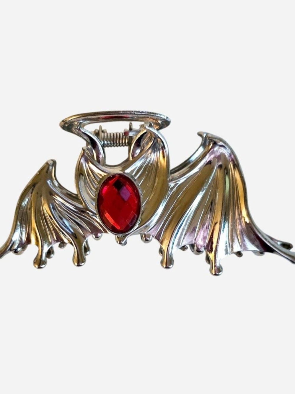 Cosmic Aura Silver Bat Wing Red Gemstones Claw Hair Clip